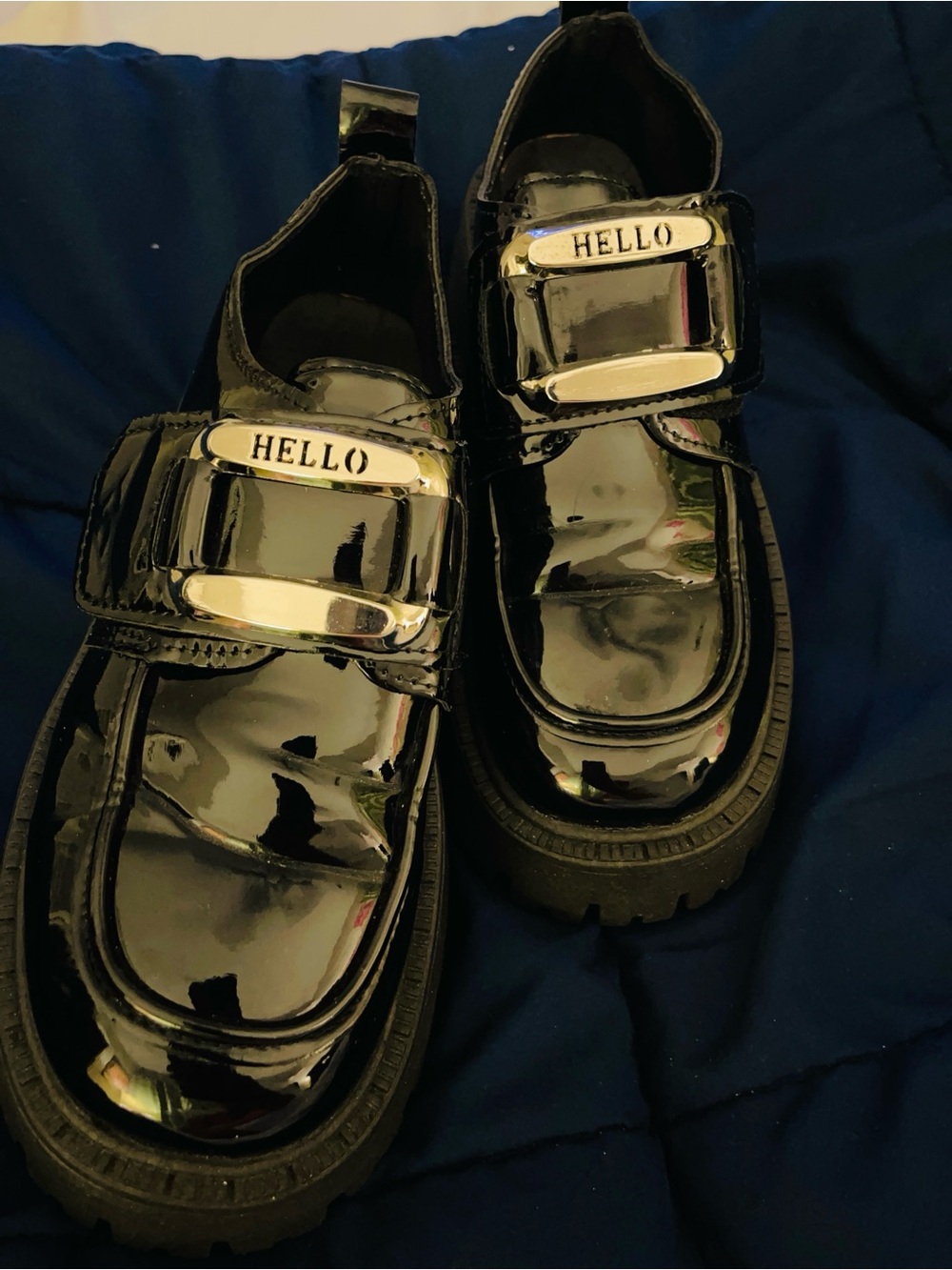 Patent Leather Lug Sole Loafers with Gold Buckle